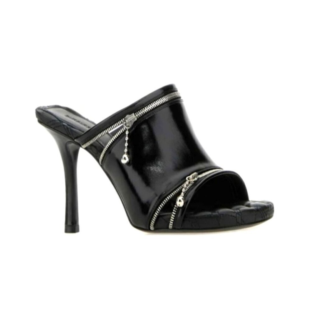 Burberry Black Leather Peep Toe Mules Size 7.5 8
